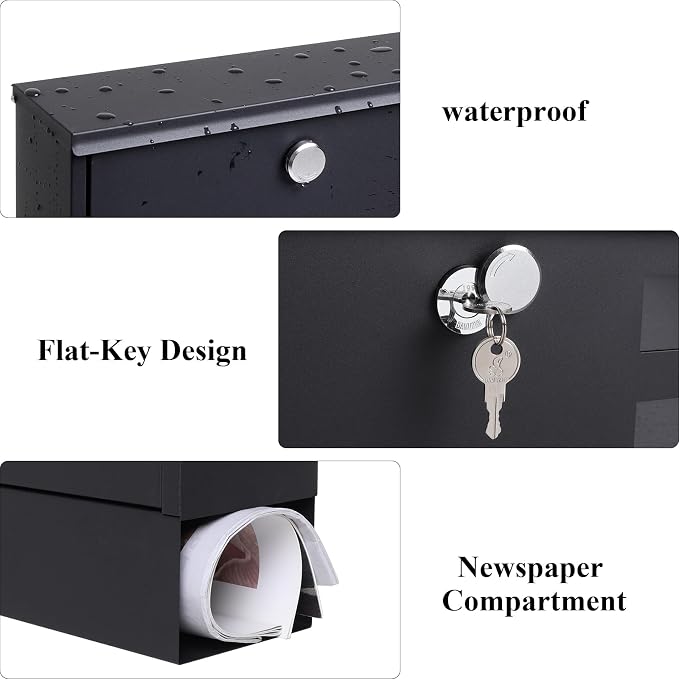 Locking Mailbox Wall Mount for Outside– Jssmst Mailboxes with Number and Key Lock for Front Door Fence, Large Capacity Letter Box, 14.3 x 4.1 x 11.8 Inch, Black