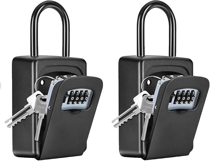 Wall Mounted, Portable Lock Box for House, 5 Key Capacity, Weatherproof Resettable Code House Key Safe Security Lock Box for Outside Realtors Garage Spare (2 Pack, Black)