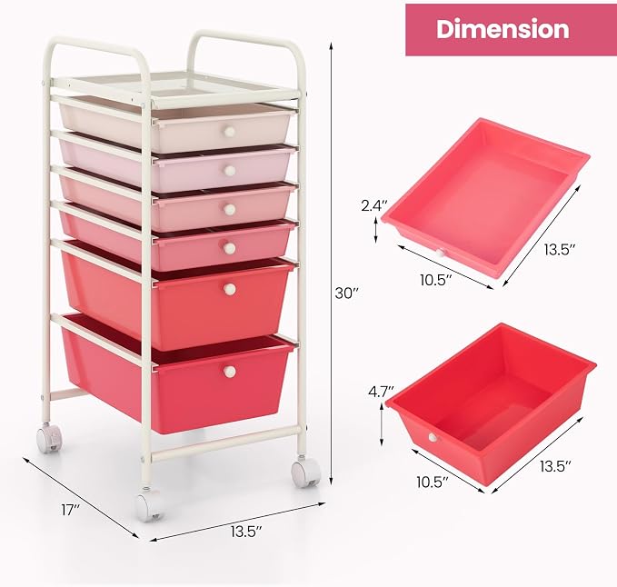 COSTWAY 6-Drawer Rolling Storage Cart, Art Craft Tools Organizer on Wheels | Multifunctional Heavy Duty Utility Mobile Storage Trolley w/ 2 Lockable Wheels for Home Office School (Mixed Pink)