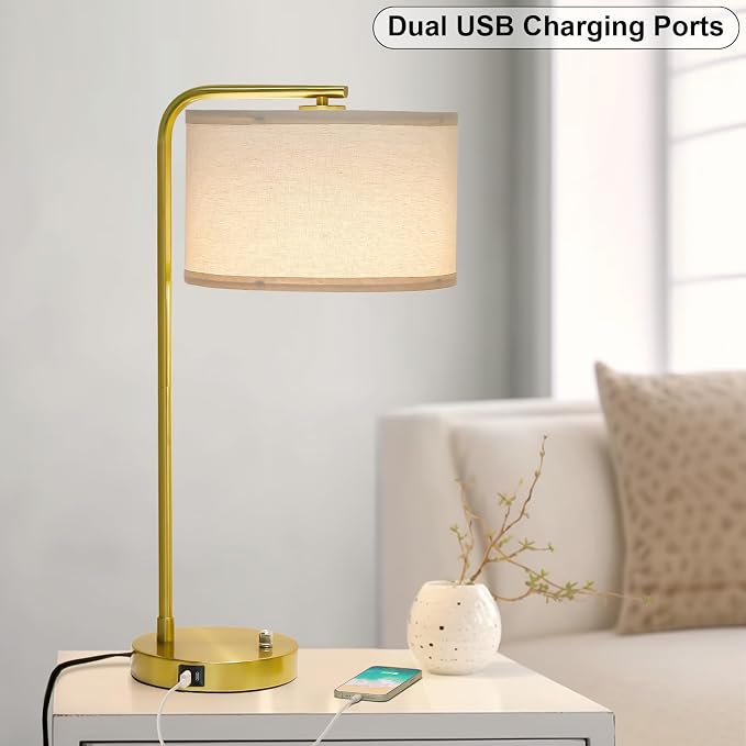 Mordern Gold Table Lamp, Fully Dimmable Bedside Lamp with C+A USB Ports | 25" Tall Nightstand Lamp, Desk Lamp with Beige Drum Shade, Side Table Lamp for Living Room Bedroom Office, LED Bulb Included