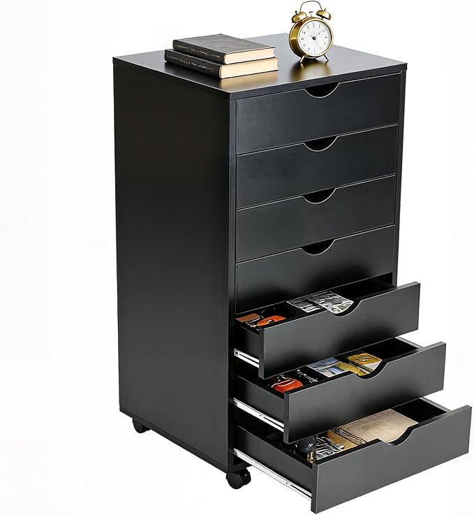 OLIXIS 7 Drawer File Cabinet, Printer Stand with Storage Cabinet | Wood Under Desk Storage Organization Holds Printer, Office Supplies, Not For Hanging Files, Fit Home Office Black