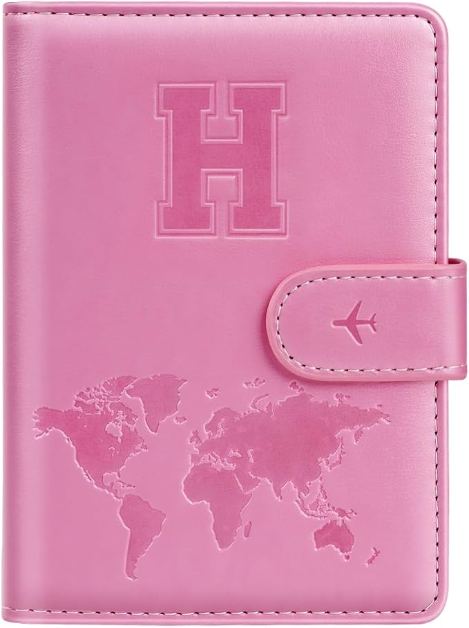 Passport Holder Cover Initial Letter A-Z Travel Wallet Personalized | Travel Essentials, Embossed Design, RFID Blocking, Personalized Gift, Passport Book Holders for Women Girls, Pink-H