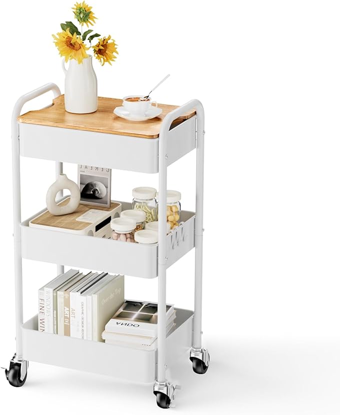 3-Tier Rolling Cart with Table Top, Metal Utility Cart on Wheels | Sturdy Storage Organizer Cart with Lockable Wheels&Hooks for Craft, Office, Classroom, Kitchen and Bathroom, WHite
