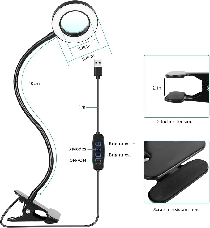 Woputne Desk Lamp 5X Magnifying Glass with Light Clamp Light for Reading | 10 Brightness, 3 Color Modes, 5V/2A Adapter Included – Clip on magnifying light Hands Free for Crafting, Close Work