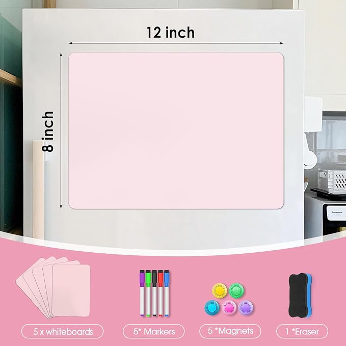 MaxGear Magnetic Whiteboard for Fridge 12x8 Pink 5 Pack | Strong Magnet, Dry Erase, Reusable, Easy Clean, Stain Resistant, Meal Planner, Grocery List, Family Notes, Kitchen Organizer