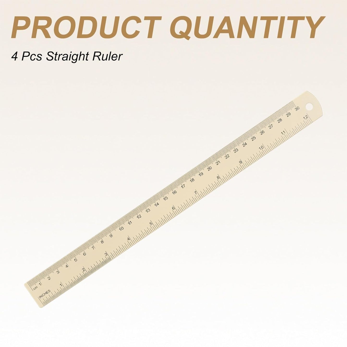 HARFINGTON 4pcs Metal Straight Ruler 30cm Metric SAE Aluminum Alloy Measuring Rulers Scale Tool with Hole for Measure Study Reading Classroom Office, Beige
