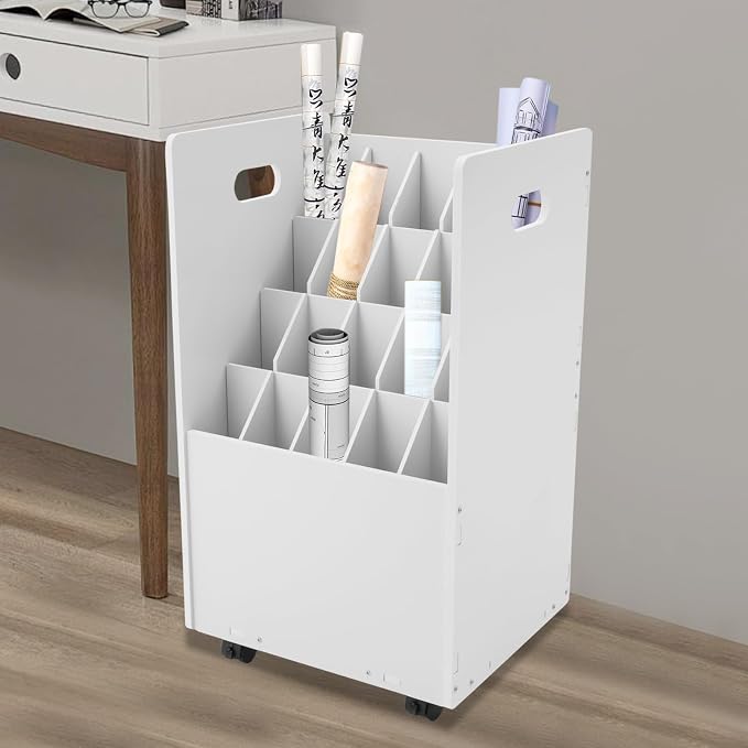 Blue Print Storage Organizer with Wheels, 20 Slots Mobile Blueprint Storage Rack Cart, Construction Plan Holder Roll Files Cart Map Poster Storage Cabinet for Office Home School, White