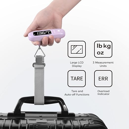 pack all Digital Luggage Scale for Travel, 110Lbs Capacity, 0.1Lb Precision | Handheld, Backlit LCD Display, Lb/Kg/Oz Conversion, Tare Function, Battery Included, Purple