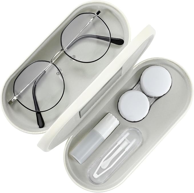 MoKo Double Eyeglass Case, Contact Lens Case with Mirror Tweezers Remover, 2 in 1 Double Sided Portable Contact Lens Box Holder Container Soak Storage Kit Sunglasses Pouch for Men & Women, Beige