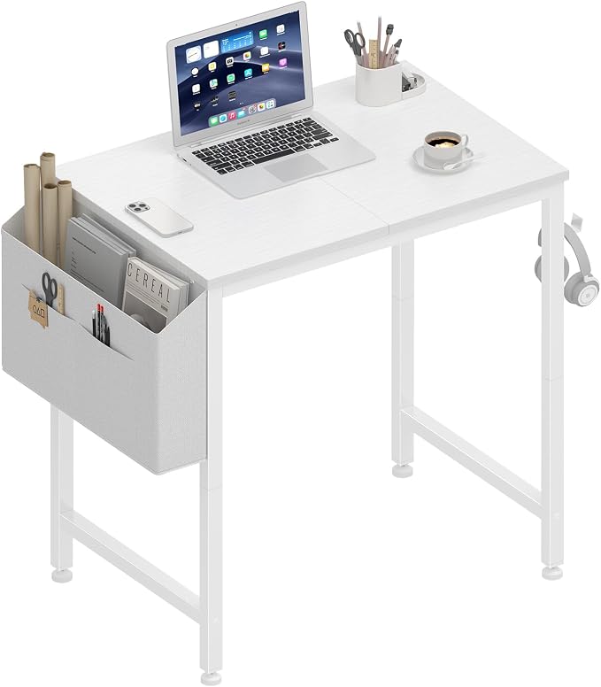 Lufeiya Small White Desk for Small Spaces, 24 Inch Kids Girls Study Writing Mini Desks for Bedroom, Simple Modern Laptop PC Little Side Table with Storage Bag Headphone Hook, White