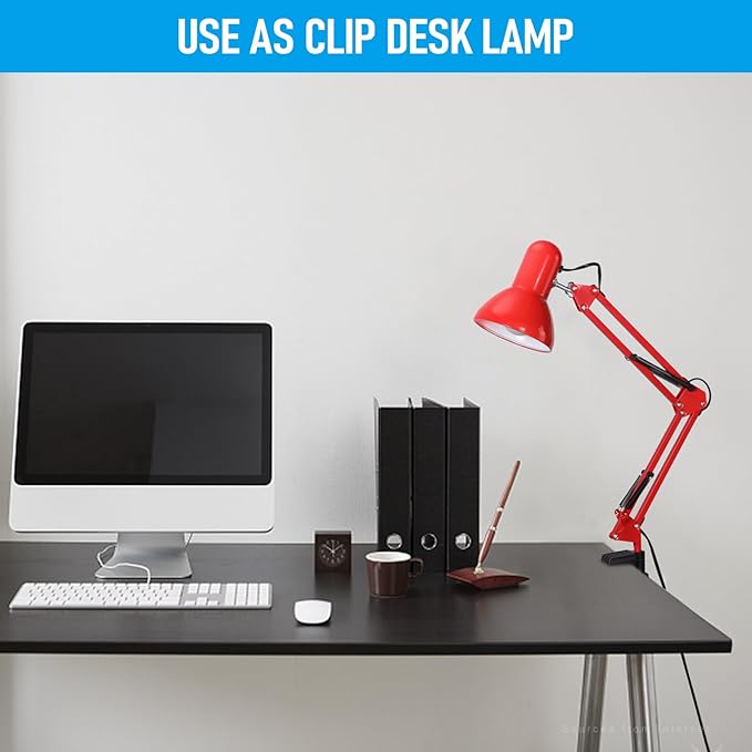 TORCHSTAR Metal Desk Lamp, Adjustable Swing Arm, E26, Red | Architect Gooseneck Multi-Joint Clip Table Lamp with Plastic Clamp, for Home Office, Work, Study, Reading, Bulbs not Included