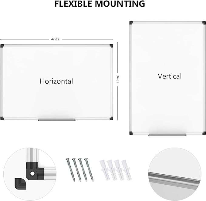 XBoard Magnetic Dry Erase Whiteboard 48 x 36 Inch, 4' x 3' Premium White Board for Wall with Marker Tray, Silver Aluminum Frame Presentation Board for Home Office Classroom