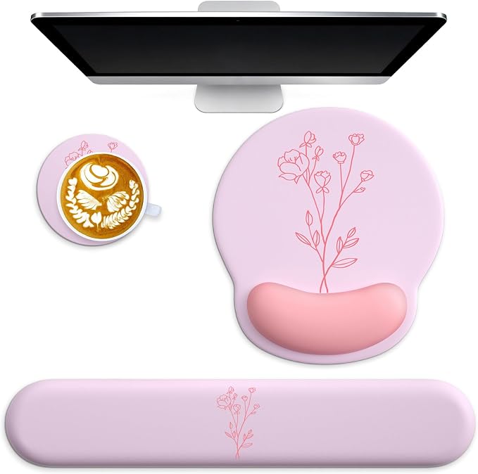 3 in 1 Ergonomic Mouse Pad and Keyboard Wrist Rest with Coaster Set-Pink | Cute Large Mousepad with Gel Wrist Support for Gaming Computer Laptop Women Office Home Desk Decor
