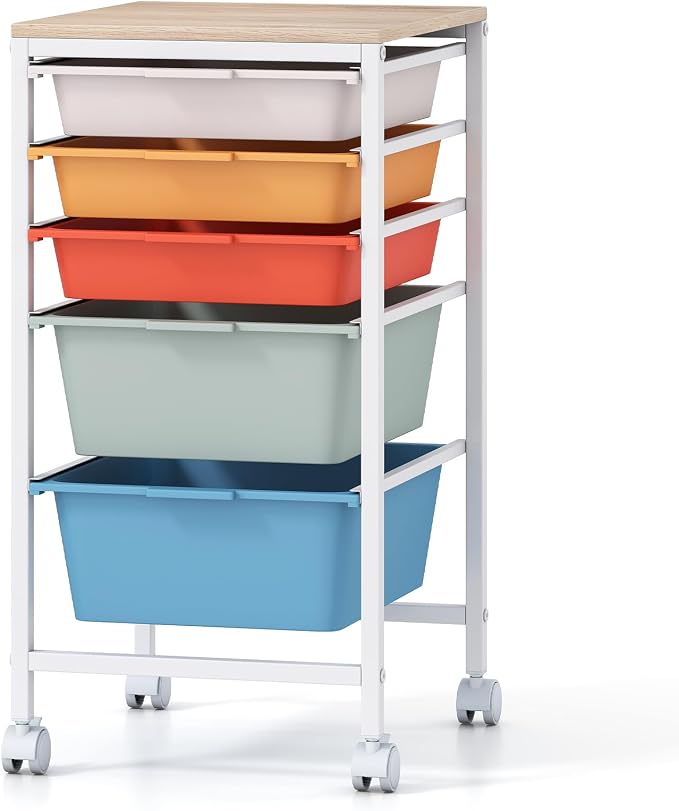 Giantex Rolling Storage Cart with 5 Drawers, Utility Cart w/Wooden Tabletop, Lockable Wheels, Multipurpose Organizer for Art Craft Books Paper, Drawer Carts for Dorm Classroom Office, Macaron