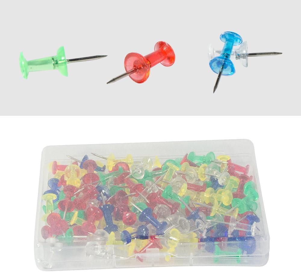 100 Pack Push Pins Tacks, Clear Plastic Head, Steel Point,Thumb Tacks for Bulletin Board,Stick Pins Thumb Tacks for Cork Board Wall Hangings (100, Colorful)