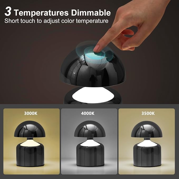 SAIWEYA Modern Cordless Mushroom Small Table Lamp, Dimmable Touch Battery | 3-Way Dimmable, Mini Rechargeable LED Desk Lamp, Night Light, Bedside Nightstand Lamps for Bedroom, Living Room