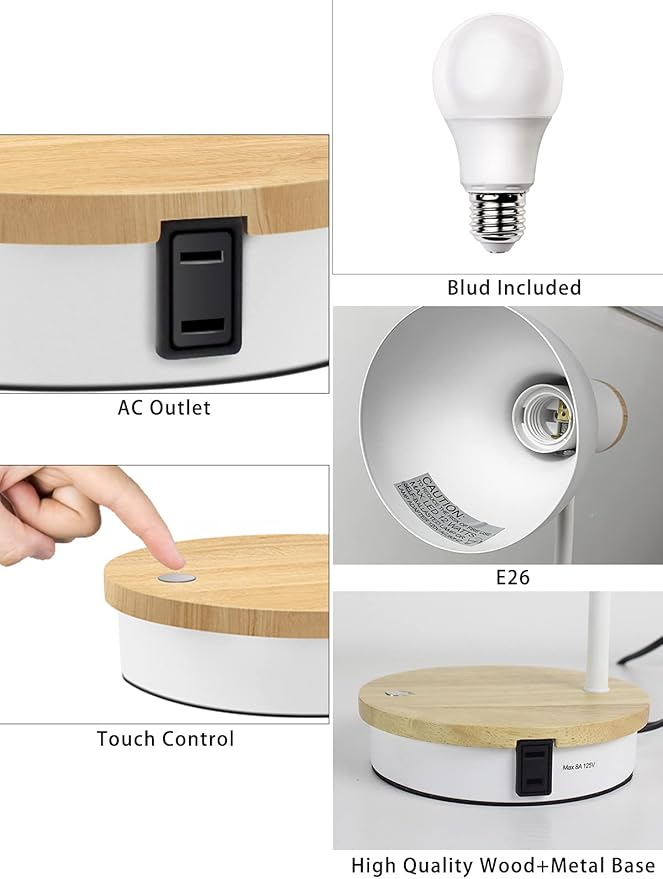 LALISU Metal Desk Lamp Wireless Charging Table Lamp Touch Reading Lights Arc Desk Lamps for Bedroom, 3 Way Dimmable Bedside Lamp with USB Charging Ports Lamp for Study Room and Office (Touch-White)