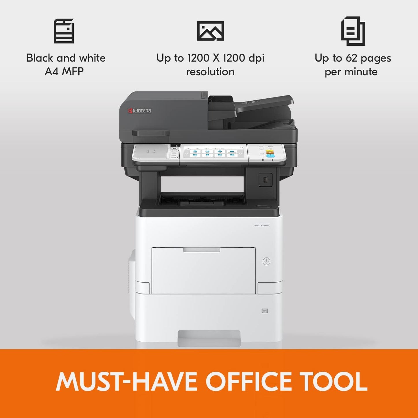 KYOCERA ECOSYS MA6000ifx All-in-One Monochrome Laser Printer (Print/Copy/Scan/Fax), 62 ppm, Up to Fine 1200 dpi, Gigabit Ethernet HyPAS Capable, 7 inch Touchscreen Panel, 512 MB