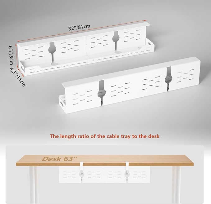 Univivi Under Desk Cable Management Tray, Cable Management, 32 inch, White | Durable Steel Material, Desk Cable Management with No-Drill C-Clamp and Screw Mount, Cord Management for Office/Home