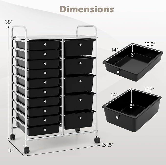 RELAX4LIFE 15-Drawer Rolling Storage Cart - Utility Cart with Metal Frame, Lockable Wheels & Removable Drawers, Multipurpose Art Craft Organizer for Home Office, Classroom (Black)