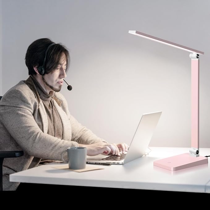 LED Desk Lamp for Home Office, 3 Levels Dimmable Desk Light with USB Charging Port, Reading Lamp for Table Study Work Office Nail Craft Puzzle, Pink, 5000K