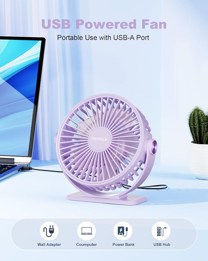 TriPole Desk Fan USB Powered Small Portable Quiet Mini Personal Plug In Fan | Purple, 3 Speeds, 360°Rotation, Desk Fans Small Quiet, 4.9ft Cable, Strong Breeze for Desktop Bedroom Office Table Travel