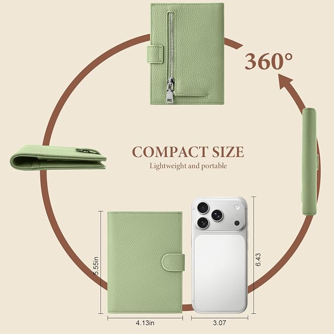 Genuine Leather Passport Holder for Women Men, Hidden Airtag Pocket, RFID Blocking, Zippered Coins Pocket & Cash Compartment Travel Gifts Essentials Passport Cover Case - Light Green