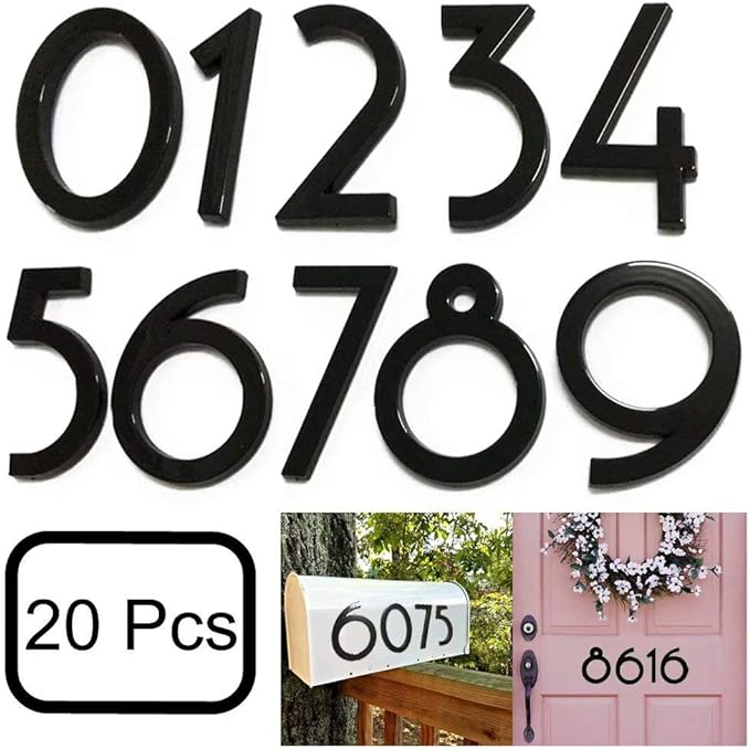 20 Pack Mailbox Numbers 0-9, 2.76 Inch High, Door Address Numbers Stickers for Apartment, House, Room, Office, Cars, Trucks, Black Plating Process Number Sign