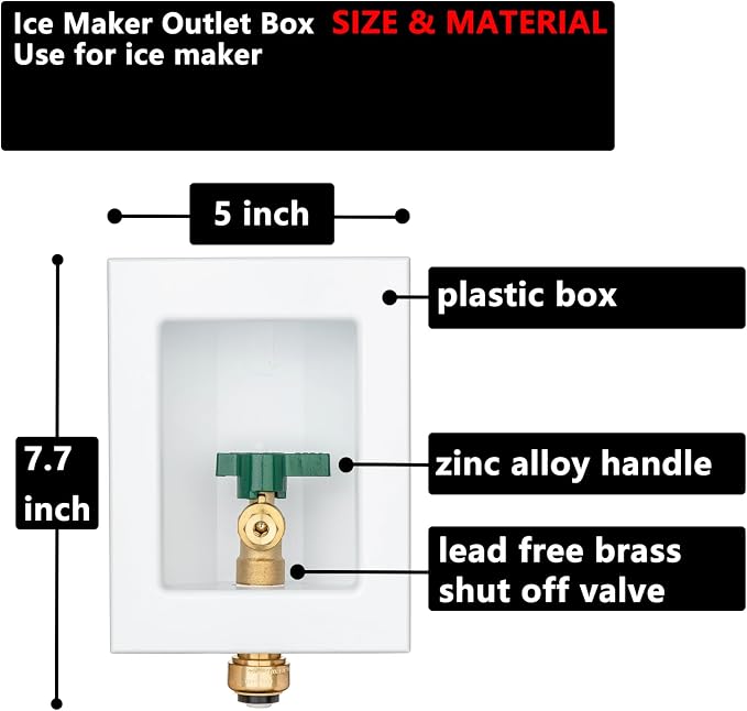 (1 Pack) Lidertik 1/2 inch Push-to-Connect Pre-Assembled Ice Maker Outlet Box Valve 1/4 inch Recessed Refrigerator Water Line Wall Box with Shut Off Valve LI-ZBQH-550