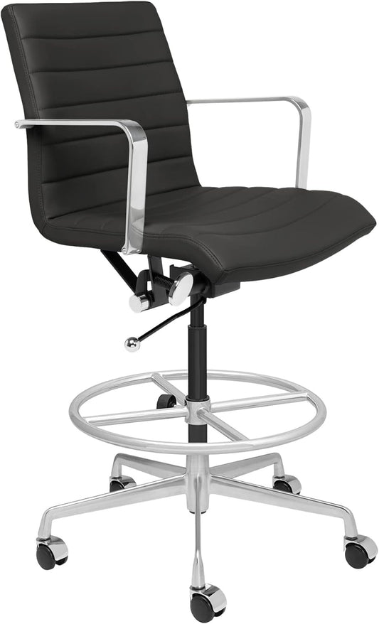 Laura Davidson Furniture SOHO II Ribbed Drafting Chair for Standing Desks, Standing Desk Chair - Ergonomically Designed, Commercial Grade Draft Height, Arm Rest & Cushion, Made of Faux Leather, Black