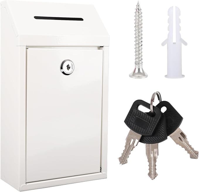 Metal Donation Box with Lock Ballot Box Drop Box with Lock Suggestion Box with Slot and Locks Metal Locks Boxs Comment Box Voting Box Key Drop Box for Home Office(White,10.24 x 5.71 x 2.95 Inch)