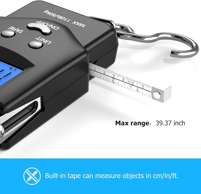 Dr.meter Fish Scale, 110 lb Digital Luggage Scale with Tape | 110 lb Capacity, Backlit LCD, Built-In Tape, Includes 2 AAA Batteries, Compact Pocket Size
