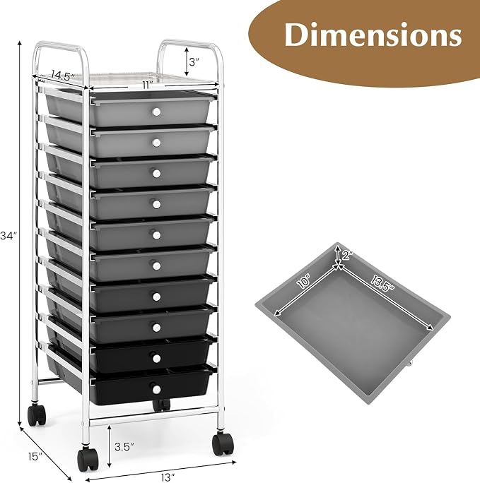 Storage Cart, Rolling Utility Cart with 10 Drawers, Portable Handles & Lockable Wheels, Mobile Paper Toys Storage Organizer Large Capacity for Home Office School Teacher (Gradient Black)