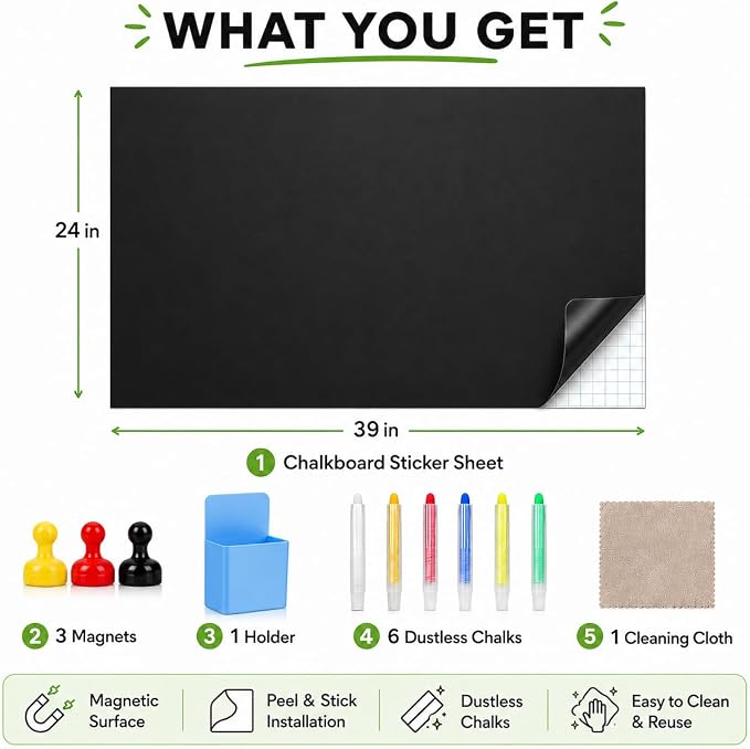Magnetic Chalkboard 24"x39" for Wall Chalk Board Sticker | Peel & stick magnetic contact paper for walls. Magnet receptive sheet holds magnets, perfect for office or drawing.