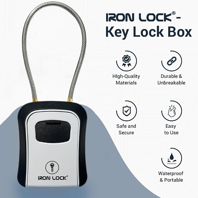 Iron Lock® Medium Key Lock Box with Code, 15-in Steel Cable Shackle (Grey) | Built-in key hooks + catch tray; hangs on handles, gates, fences or a hasp; wall-mountable; dial cover; no batteries