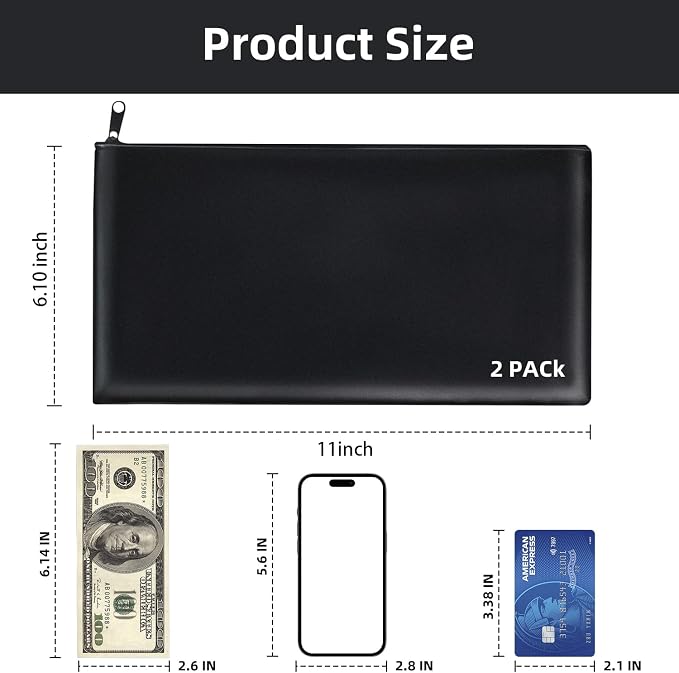 2-PCS Money Bags with Zipper, 11x6.1" PU Leather Bank Deposit Bags for Cash | Durable Cash Pouch Keeps Coins, Checks, Receipts Organized; Secure Travel Money Pouch Protects Bills, Passport & Valuables