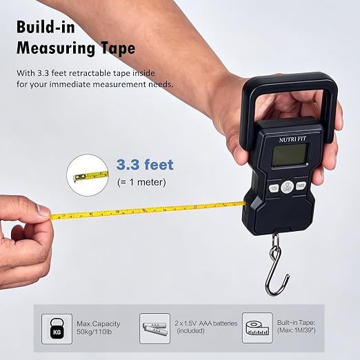 NUTRI FIT Luggage Weight Scale 110lb Hanging Luggage Scale for Suitcase | 0.1lb Precision, Max 110lb, 3.3ft Tape Measure, Backlit Screen, Lock Data, Large Hook, Ergonomic Grip, Portable Fishing Scale