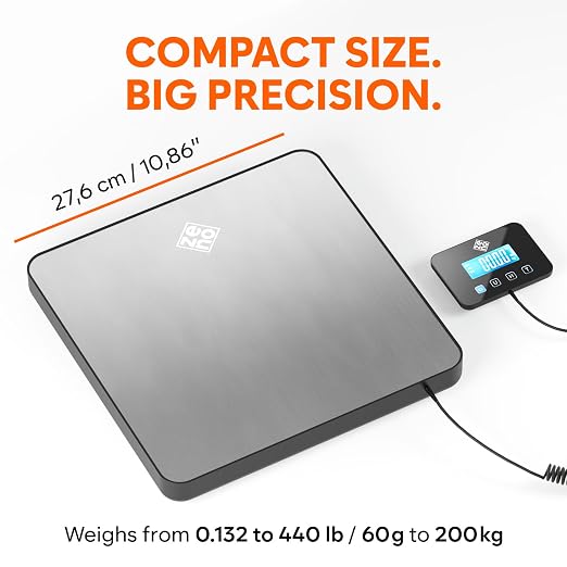Shipping Scale for Small Business - 440 lbs/0.35oz - High Accurate Digital Postal Scale with Hold/Tare Function - Perfect for Packages, Luggage, Home Use - Battery & Cable Included - Silver