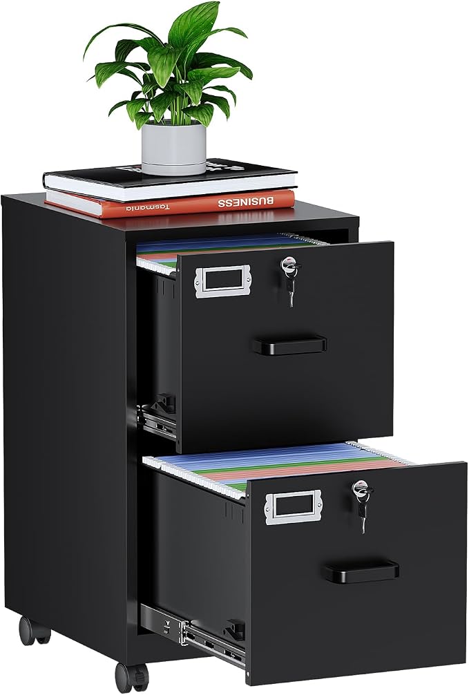 MIIIKO 2 Drawer File Cabinet with Lock, Vertical Metal Filing Cabinets for Home Office, Lockable Storage File Cabinets Under Desk, A4/Letter File Folders(Black)-Assembly Required