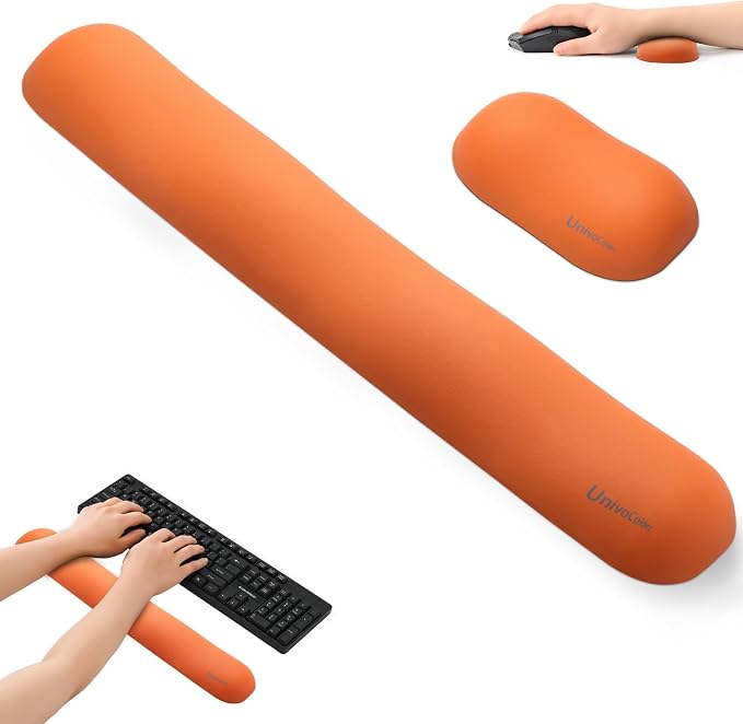 UnivoColors Design-Wave Set of Wrist Rest,Artificial Sheepskin+Memory Foam+Ergonomic+Anti-Slip Gel, Resilience Support During Work and Gaming,Keyboard Accessory,Tangerine