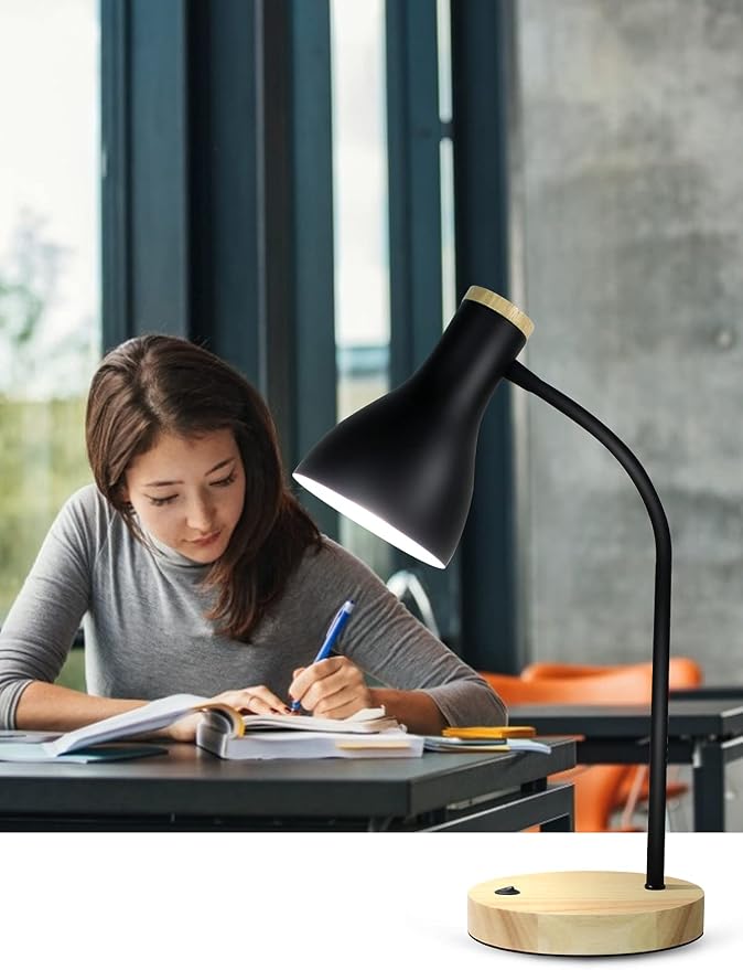 LALISU Metal Desk Lamp Table Lamp Reading Lights Arc Desk Lamps for Bedroom, Wood Base Bedside Lamp with Flexible Gooseneck for Study Room and Office (Wood Base+Black)