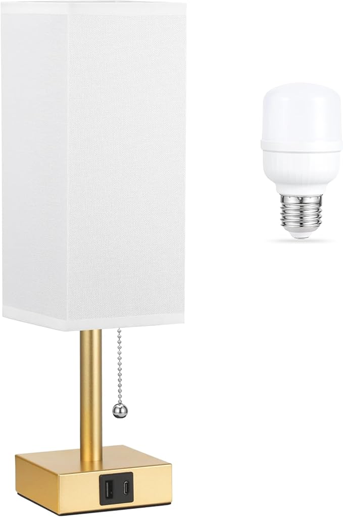 Gold Bedside Table Lamp for Bedroom - Desk Lamp For Nightstand, USB C+A | Pull Chain Lamp, 3 Color Modes(3000K/4000K/5000K), E26 LED Bulb Included, Square White Fabric Lampshade, for Read, Work, Dorm