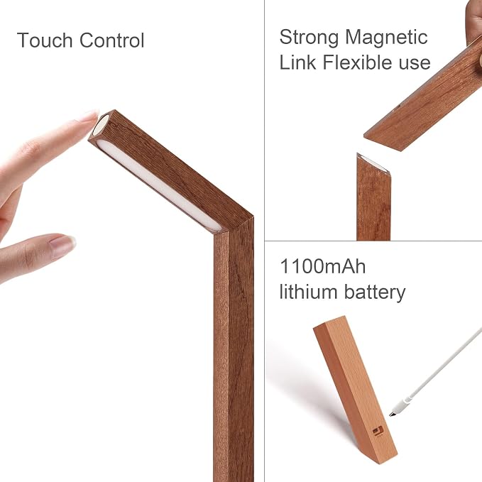 Wooden Desk Lamp Magnetic Wall Mount Rechargeable Home Office-Sapele | 360 Rotatable cordless night light ,Touch dimming,USB-C. Minimalist style for reading, bedside,artwork,working,ambiance