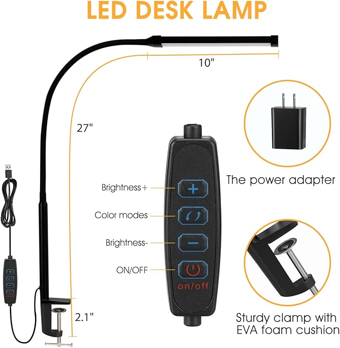 LED Desk Lamp with Clamp, Clip on Lights for Home Office, Black | 3 Modes 10 Brightness, Long Flexible Goose-Neck, Eye-Caring, Memory Function, Energy Efficient, USB Adapter, Metal