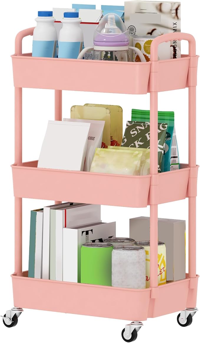 Sywhitta 3-Tier Plastic Rolling Utility Cart with Handle, Multi-Functional Storage Trolley for Office, Living Room, Kitchen, Movable Storage Organizer with Wheels, Pink | Multi-Functional Storage Trolley, for Office, Living Room, Kitchen, Bathroom,Mova...
