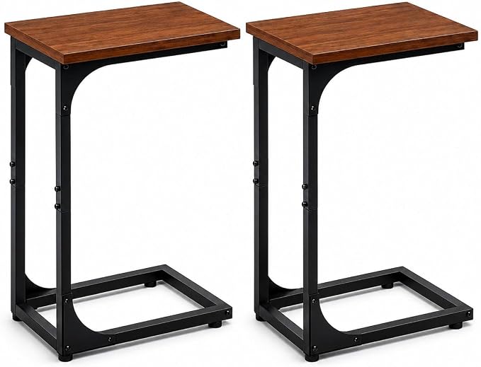 TEMI C Shaped End Table for Couch, Set of 2 Small Side Table for Sofa, TV Tray for Eating or Laptop, Accent Desk for Chair, Space Saving for Living Room Bedroom, Rustic Walnut