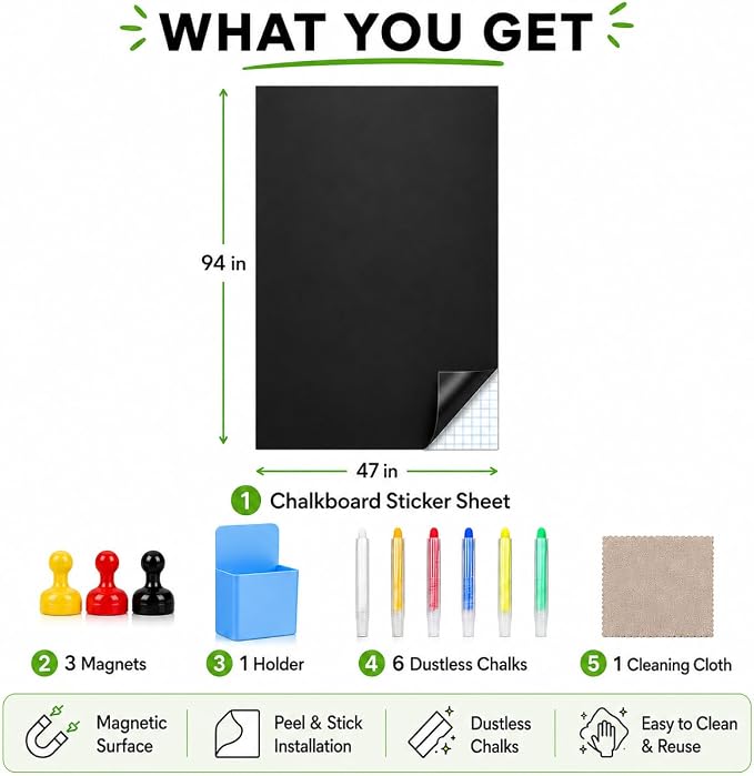 Magnetic Chalkboard 47"x94" for Wall Chalk Board Sticker | Peel & stick magnetic contact paper for walls. Magnet receptive sheet holds magnets, perfect for office or drawing.