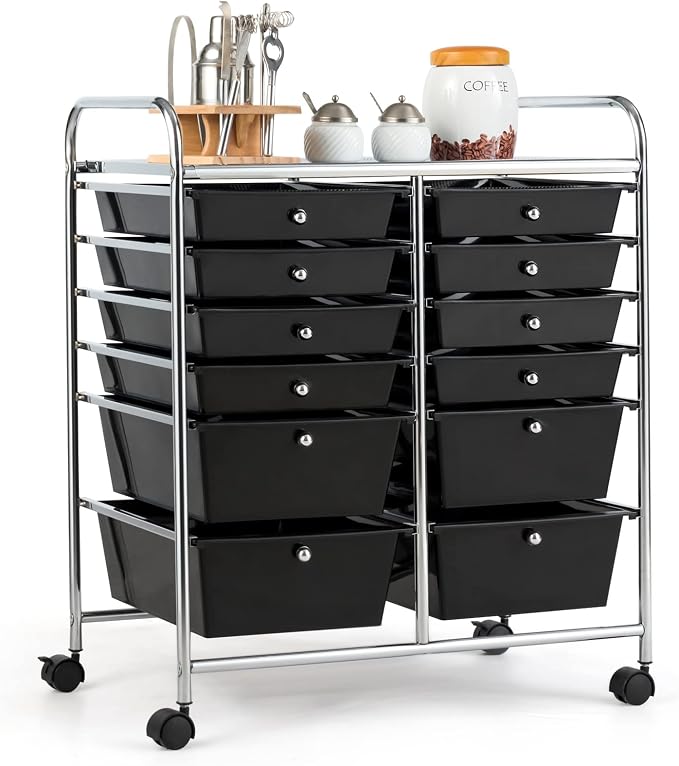 COSTWAY 12-Drawer Rolling Storage Cart, Moveable Art Craft Organizer | Lockable Wheels, Metal Shelf, Files Arrangement Tools Makeup Storage Cart for Office, Home, School (Black)