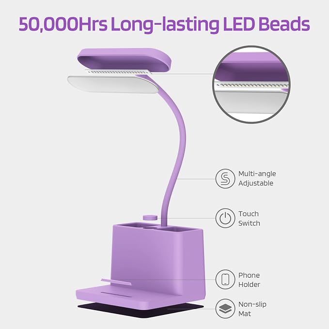 Purple Desk Lamp, Cute Table Light for Home Office College Dorm | Small, LED, Rechargeable, Battery Operated, Cordless, Gooseneck, Mini, Study Accessories, for Teen Girls