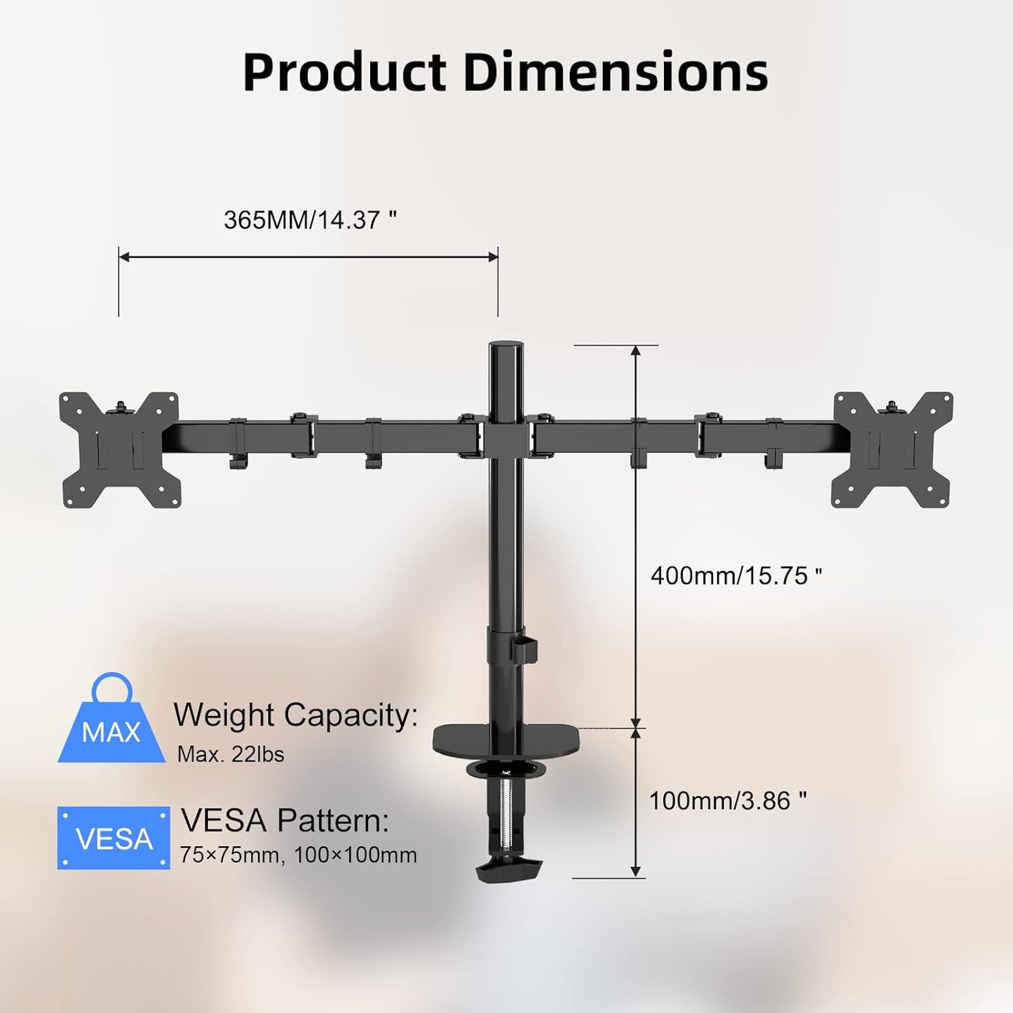 Pholiten Dual Monitor Stand,Heavy Duty Adjustable Monitor Desk Mount for 2 Screens up to 38Inches,Dual Monitor Arm with Height Adjustable Tilt Swive Rotate,Holds up to 22 lbs